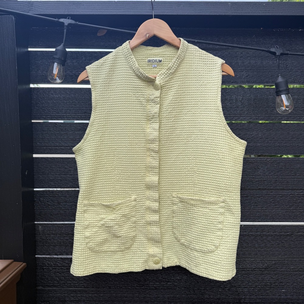 Iridium Womens Large Seersucker Vest Lime Green Textured Button Up Vented Retro